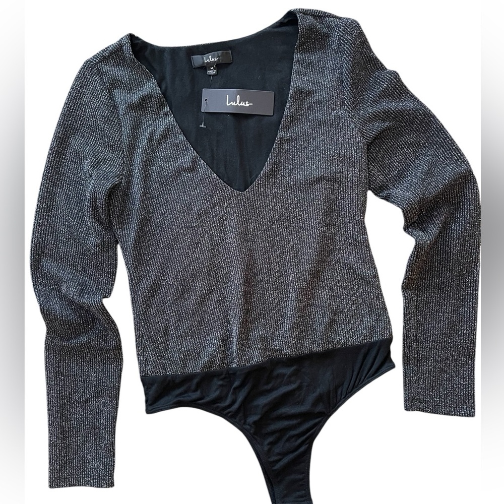 Lulus Black Silvery Metallic Long Sleeve Bodysuit Sz M V Neck Lined NWT